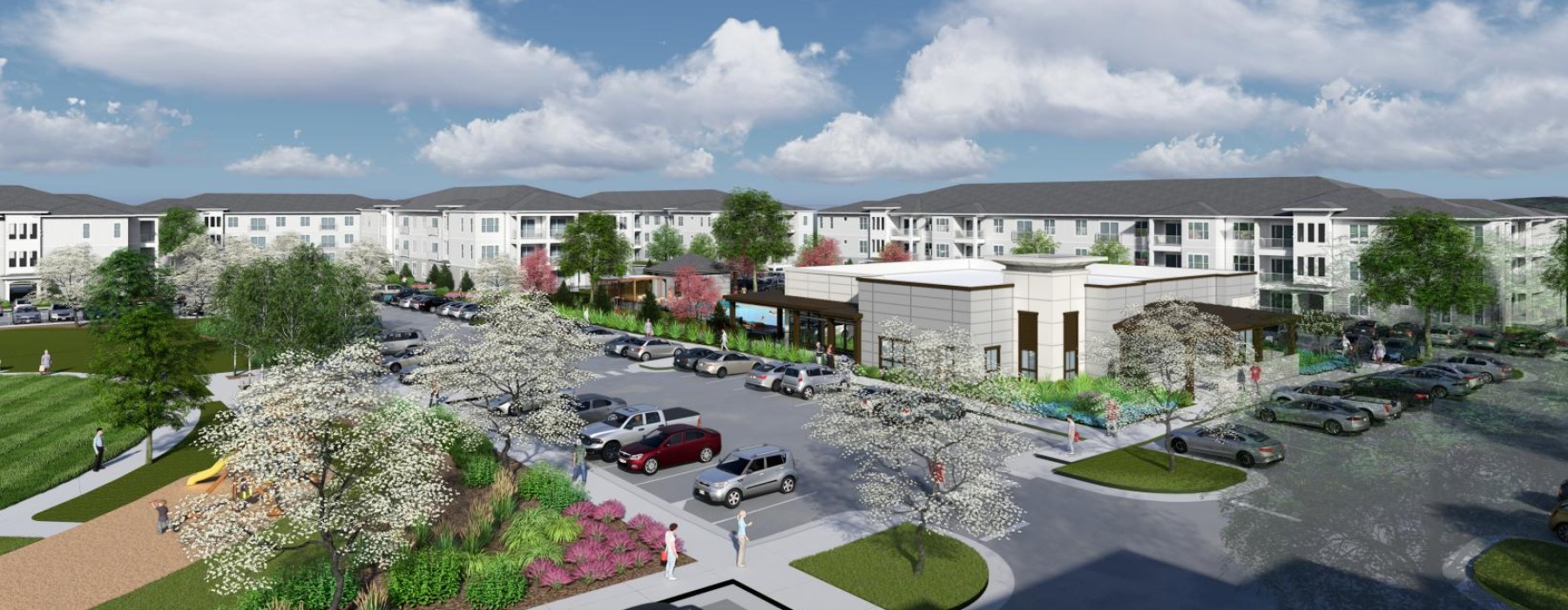 a parking lot with cars and buildings